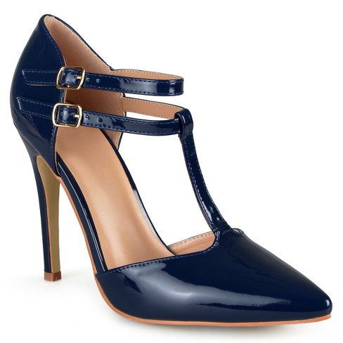 Blue Leather Pointy T Strap Pump Blue Leather Shoes Women 