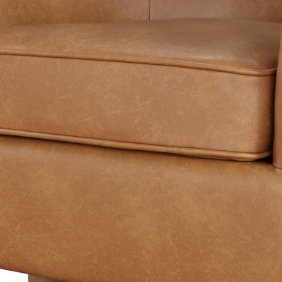 Saddle Brown Faux Leather Wood Swivel Barrel Chair