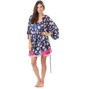 Ashford & Brooks Women's 2 Piece Satin Robe and Nightie Set - Hibiscus Nightingale - X-Large - 1 of 4