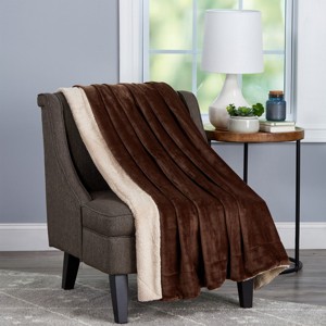 Poly Fleece Faux Shearling - Oversized Plush Woven Polyester Fleece Solid Color Throw - Breathable by Hastings Home (Mahogany and Dove) - 1 of 4