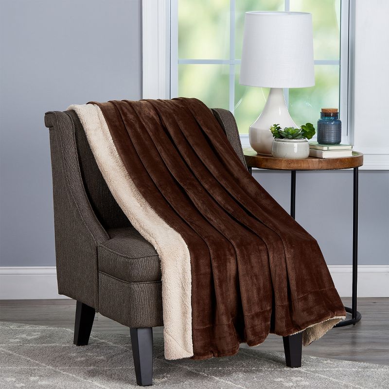 Poly Fleece Faux Shearling - Oversized Plush Woven Polyester Fleece Solid Color Throw - Breathable by Hastings Home (Mahogany and Dove), 1 of 9