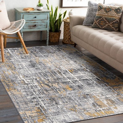 Yellow and Gray Abstract 5' x 7' Stain-Resistant Synthetic Area Rug