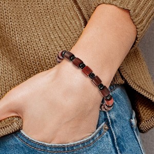 Chisel Stainless Steel Polished Black IP-plated Beads and Wood Beaded Stretch Bracelet - 1 of 3