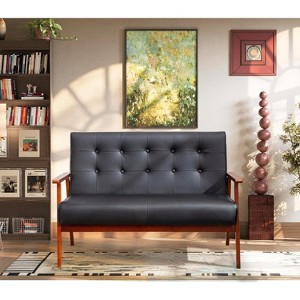 Black Small Leather Couch for Office, Booth Seating 2 Person Waiting Room Bench Couch, Mid Century Modern Loveseat Wood Sofa - 1 of 4
