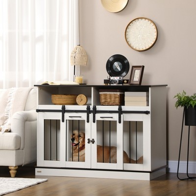 White Dual-Door Dog Crate Table with Shelves
