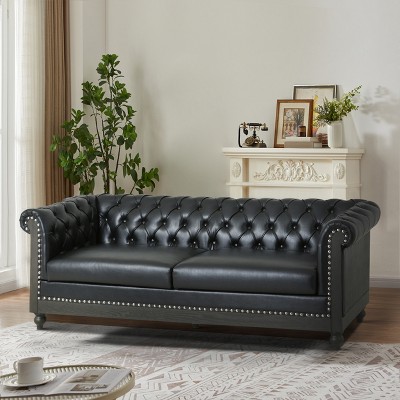 Retro Upholstered 3 Seater Leather Couch Rolled Arm for Living Room Bedroom Office
