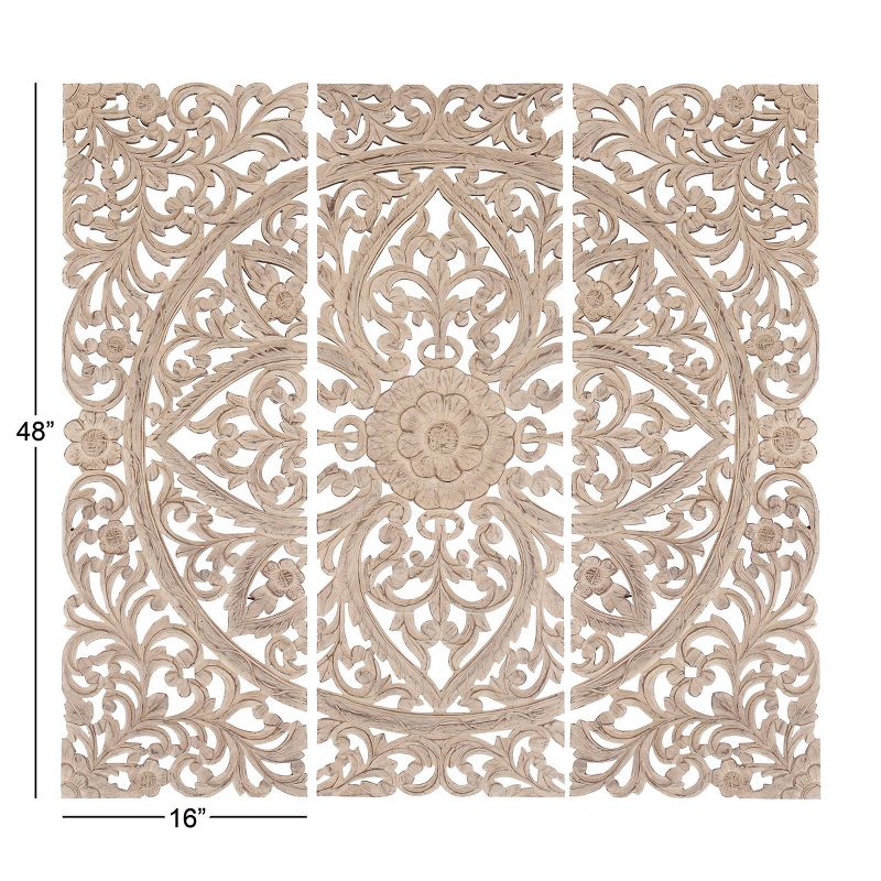 Wood Floral Handmade Intricately Carved Wall Decor with Mandala Design Set of 3 Beige - Olivia &#38; May, 4 of 22