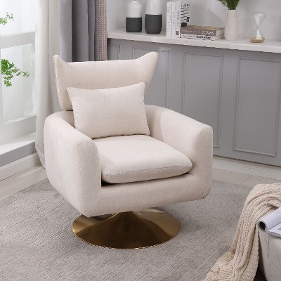CAVINAS Classic Mid-Century Swivel Accent Chair with Curved Backrest, Upholstered 360-Degree Barrel Chair with Gold Metal Base