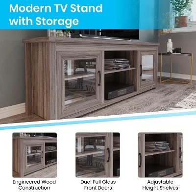 Gray Wash Oak 65" TV Stand with Glass Doors and Adjustable Shelves