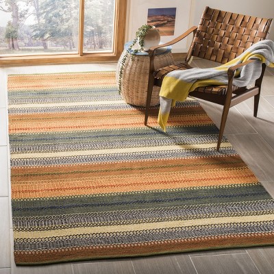 Gold and Grey Striped Wool and Cotton 4' x 6' Handmade Rug