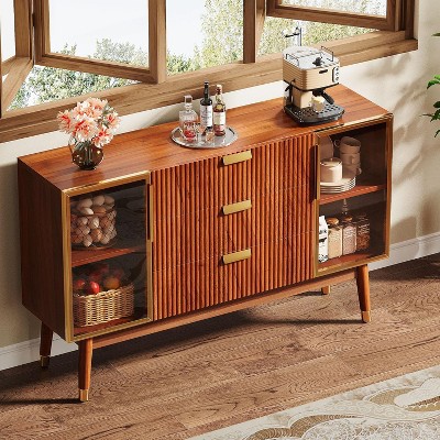 55" Brown Walnut Sideboard Buffet with Gold Metal Handles