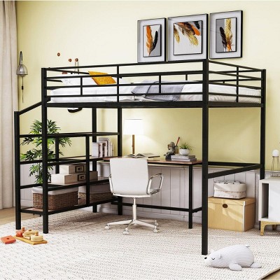Streamdale Full Size Metal Loft Bed with Desk and Lateral Storage Ladder, Black