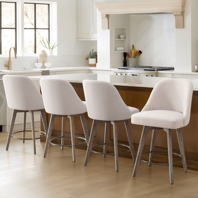 Bekrvio Counter Height Bar Stools, 26" Mid-Century Swivel Barstools with Backs - Linen Upholstered Wood Legs, Kitchen Island Counter Chairs