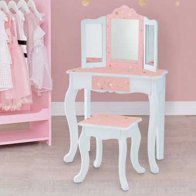Gisele Blush Pink Star Print Kids Vanity Set with Bench