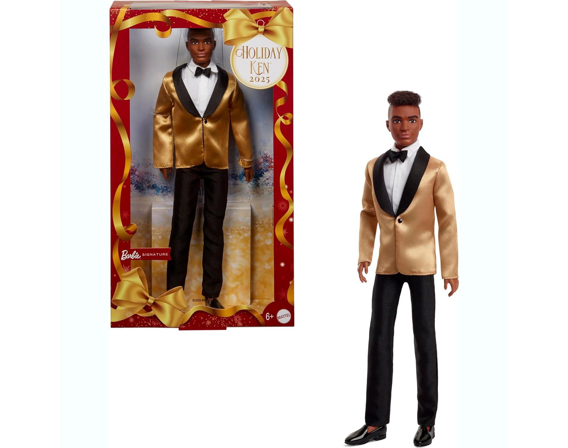 Barbie Signature 2025 Holiday Dark Brown Hair Ken Collectible Fashion Doll wearing Full Suit with Golden Jacket