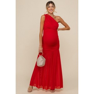 Pinkblush Red Ruched Mesh One Shoulder Maternity Maxi Dress - 1 of 4