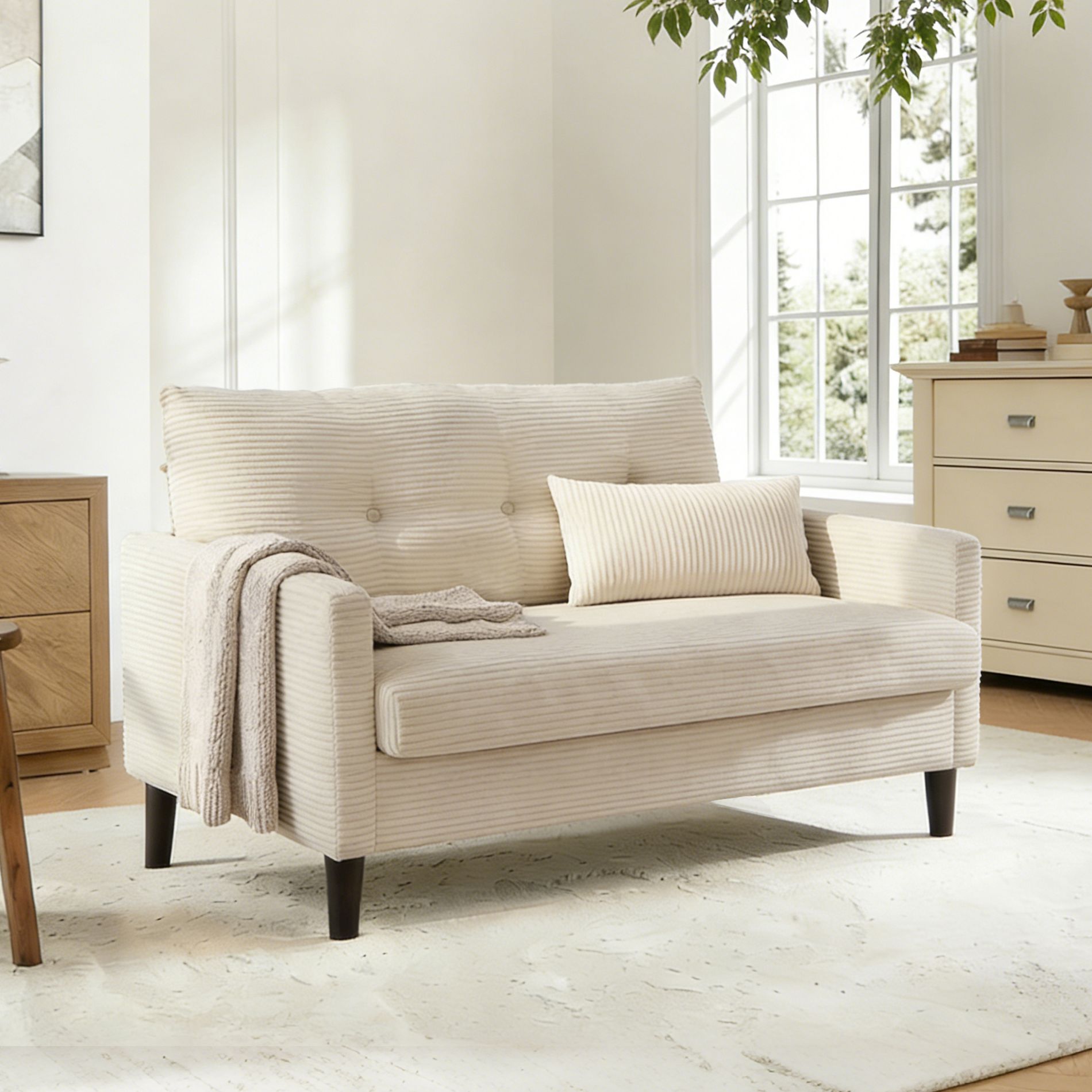 Dyonery 50" Small Corduroy Loveseat Sofa, Extra Deep 24" Seat, Plush Cushions, Compact Cozy Couch, Tool-Free Assembly, Beige