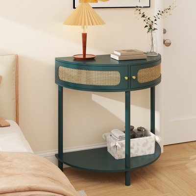 LIVAREEmlen Half Moon Design End Table with Sliding Rattan Door with 2 Rattan Storage Cabinet and Bottom Shelf for Living room, Bedroom, Hallway