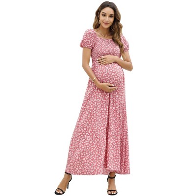 Coolmee Women's Summer Maternity Midi Dress Casual Puff Short Sleeve Square Neck Smocked Tiered Ruffle Sundresses
