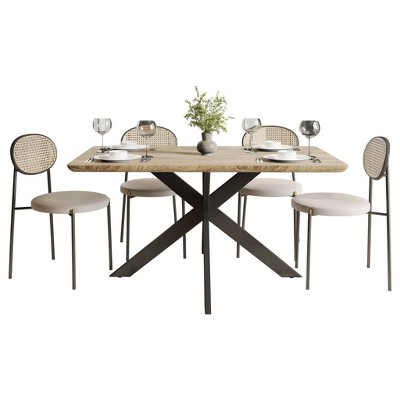 LeisureMod Ravenna 5-Piece Dining Set - 63" Rectangular MDF Top Dining Table in Maple & 4 Velvet Dining Chairs in Black Steel Legs