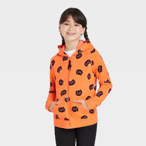 Girls' Halloween Printed Zip-Up Fleece Hoodie - Cat & Jack™ Orange S