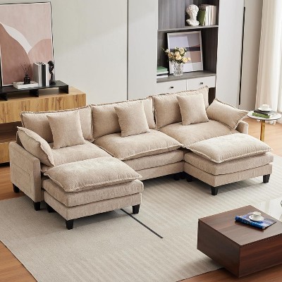 112" Modular Sectional Sofa, U-Shape Cloud Couch/Deep Seat/Armrest/Plush Corduroy Fabric, No Assembly Required, Space-Saving