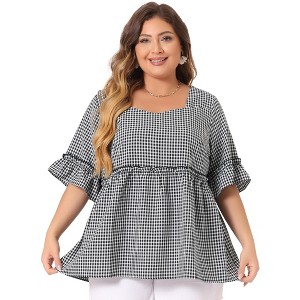 Agnes Orinda Women's Plus Size Plaid Peplum Sweetheart Neck Ruffle Sleeve Babydoll Blouses - 1 of 4
