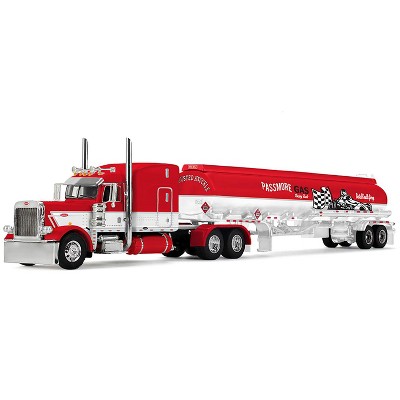 Peterbilt 389 with 63" Mid-Roof Sleeper & Heil Fuel Tank Trailer Red and White 1/64 Diecast Model by First Gear