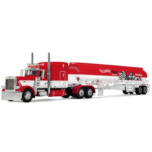 Peterbilt 389 with 63" Mid-Roof Sleeper & Heil Fuel Tank Trailer Red and White 1/64 Diecast Model by First Gear - 1 of 1
