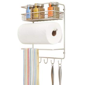 mDesign Metal Wall Mount Paper Towel Holder with Storage Shelf & Hooks