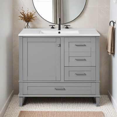 36" Black Bathroom Vanity with Solid Pine Frame, 1 Soft Close Door and 3 Drawers , Modern Storage Cabinet - Leovsnove