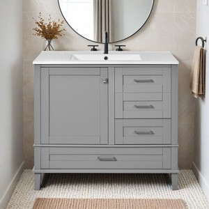 36" Black Bathroom Vanity with Solid Pine Frame, 1 Soft Close Door and 3 Drawers , Modern Storage Cabinet - Leovsnove - 1 of 4