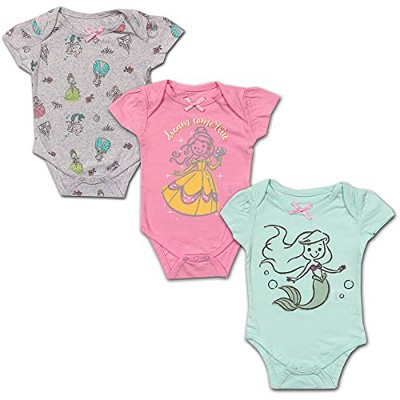 Image of Disney Princess Girl's 3-Pack Ariel and Belle Character Print Short Sleeve Bow Front Baby Creeper Set - Pink/Grey/Green, Size 9 Months
