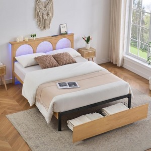 Rattan Bed Frame with Natural Rattan Headboard and 2 Storage Drawers,Bed Frame with LED and Metal Platform ,Strong Wooden Slats Support - 1 of 4