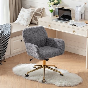 CAVINAS Adjustable Swivel Home Office Chair,Artificial Rabbit Hair Desk Chair with Golden Metal Base for Work Study Vanity - 1 of 4