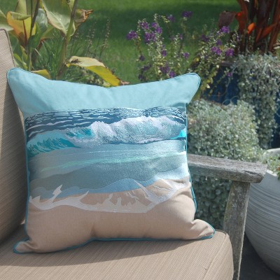 Embroidered Coastal Blue and Sand Indoor/Outdoor Throw Pillow