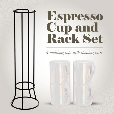 Pearlized White Ceramic Mini Espresso Cups Set with Black Metal Stand