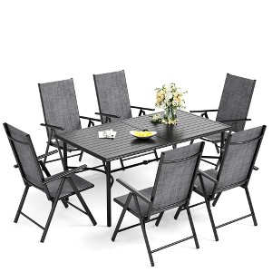 Captiva Designs 7pc Patio Dining Set with Slat-top Rectangle Table & Textilene Reclining Foldable Chairs - 1 of 4