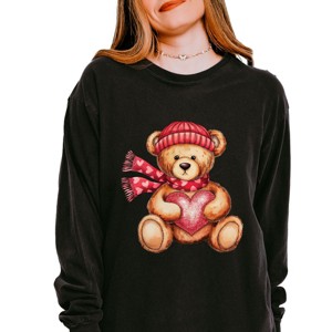 Valentine Teddy Bear Beanie - Women's Garment Dyed Long Sleeve Graphic T-Shirt - 1 of 4