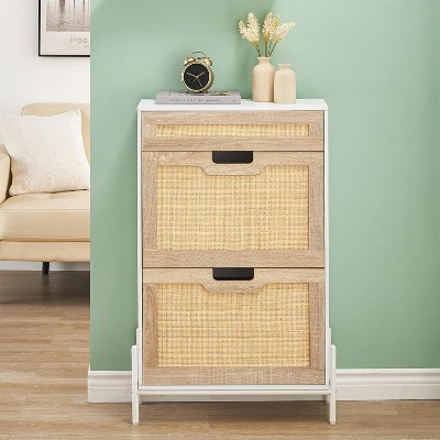 2 Flip Drawers Shoes Storage Cabinet Rattan Shoe Organizer with Metal Legs Freestanding Narrow Shoe Rack Cabinet for Entryway