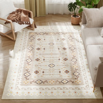 HOMCOM Machine Washable Area Rug 5x7, Non-Slip Boho Flannel Print Floor Cover Foldable Carpet for Living Room, Bedroom, Dining Room, Brown