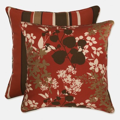2-Piece Outdoor Reversible Square Pillow Set - Brown/Red Floral/Stripe 18" - Pillow Perfect