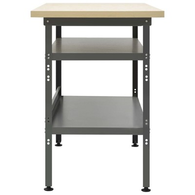 Sturdy Gray Steel Workbench with Adjustable Height and Storage Shelves