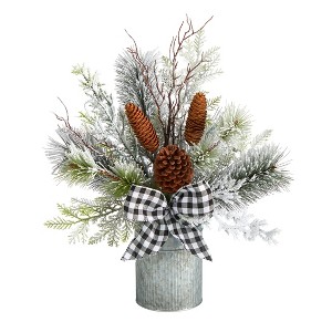 Nearly Natural 20-in Holiday Winter Greenery with Pinecones and Gingham Plaid Bow Table Artificial Christmas Arrangement - 1 of 4