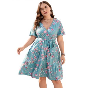 Clearlove Summer Plus Size V Neck Wrap Dress High Waisted Short Sleeves Summer Casual Midi Dress with Belt - 1 of 4