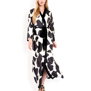 Anna-Kaci Women's Abstract Print Satin Duster Robe with Velvet Trim and Tie Waist - 1 of 4