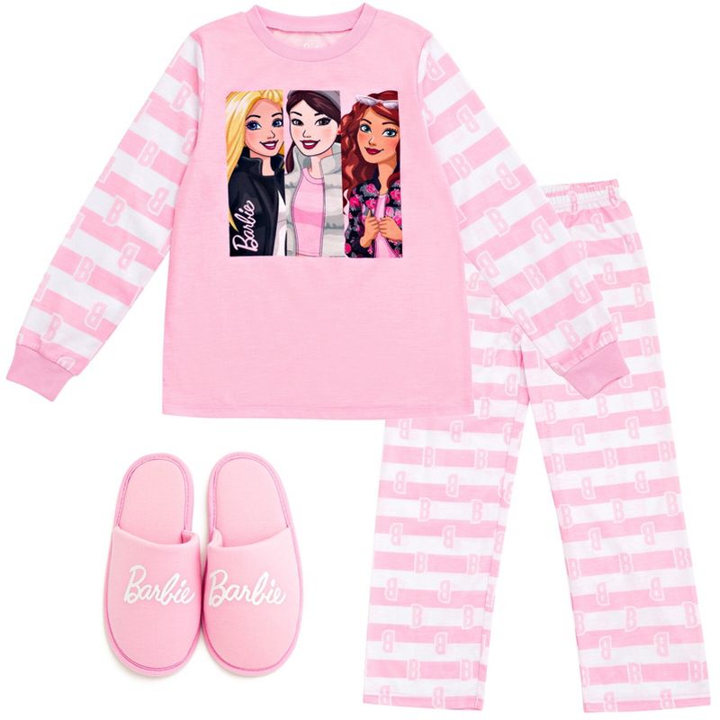 Barbie Girls Pajama Shirt Pants and Slippers 3 Piece Little Kid to Big Kid, 1 of 8