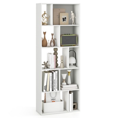 Tangkula 5-Tier Geometric Bookcase 63” Tall Freestanding Bookshelf with 10 Open Cubbies White