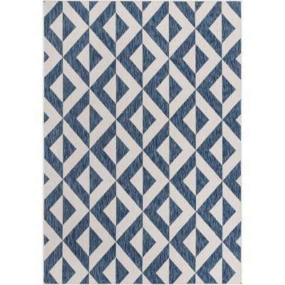 Reversible Geometric Blue Synthetic Outdoor Rug 7'1" x 10'