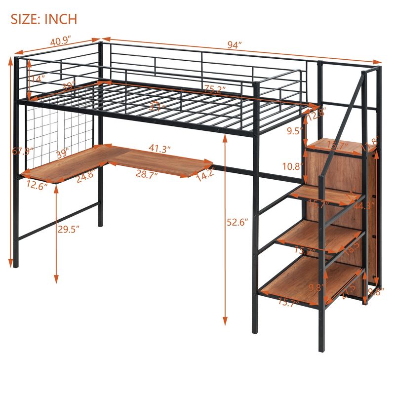 Twin Size Metal Loft Bed with Desk and Metal Grid, Stylish Metal Frame Bed with Storage Ladder and Wardrobe - ModernLuxe, 3 of 13